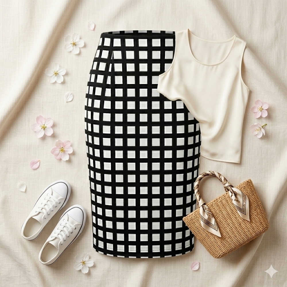 Elegant Checkerboard Geometric Pencil Skirt SHSHDHZX | Black & White US14